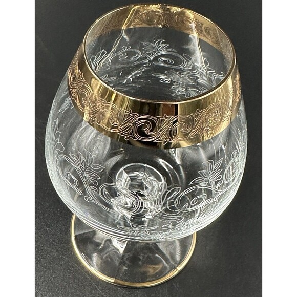 Vtg Etched Glasses Brandy Snifter with Twisted Stem Pedestals with Gold Trim 6 - Picture 9 of 12